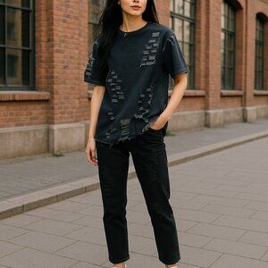 Thrill Women Small Short Sleeve Denim Distressed Tunic Top Ripped Casual S